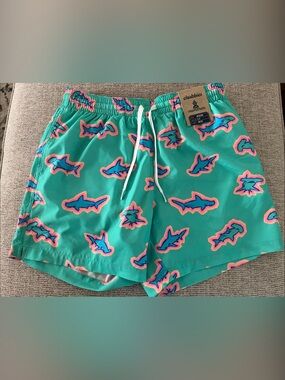 chubbies Teal Swim Trunks with Blue and Pink Shark Print size Medium